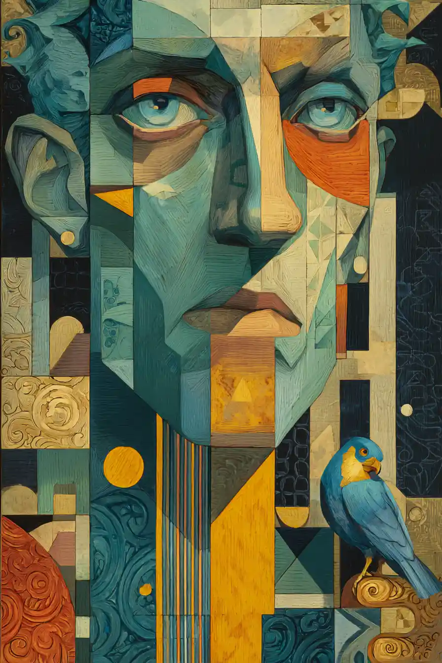 Surreal cubist portrait of an androgynous geometric face