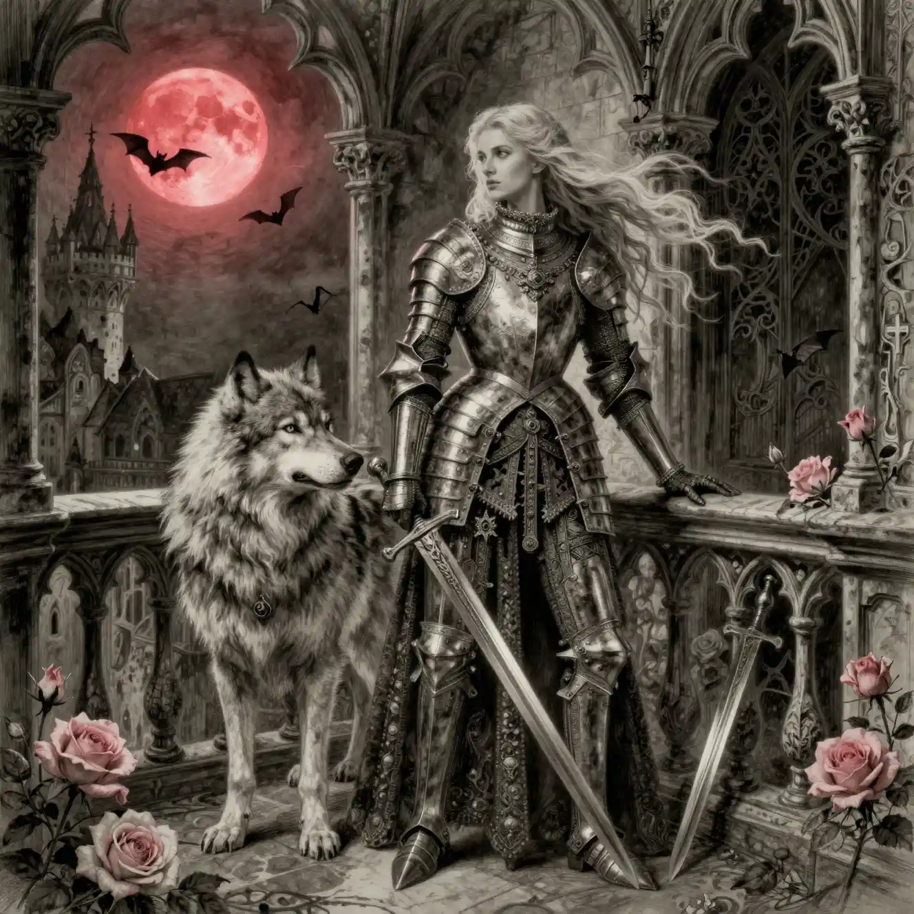 Gothic woman knight on a castle balcony with wolf