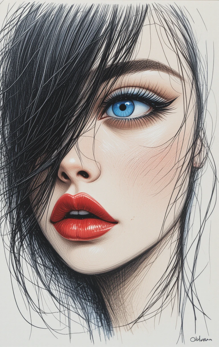 Detailed pencil portrait of a woman with vivid blue eye