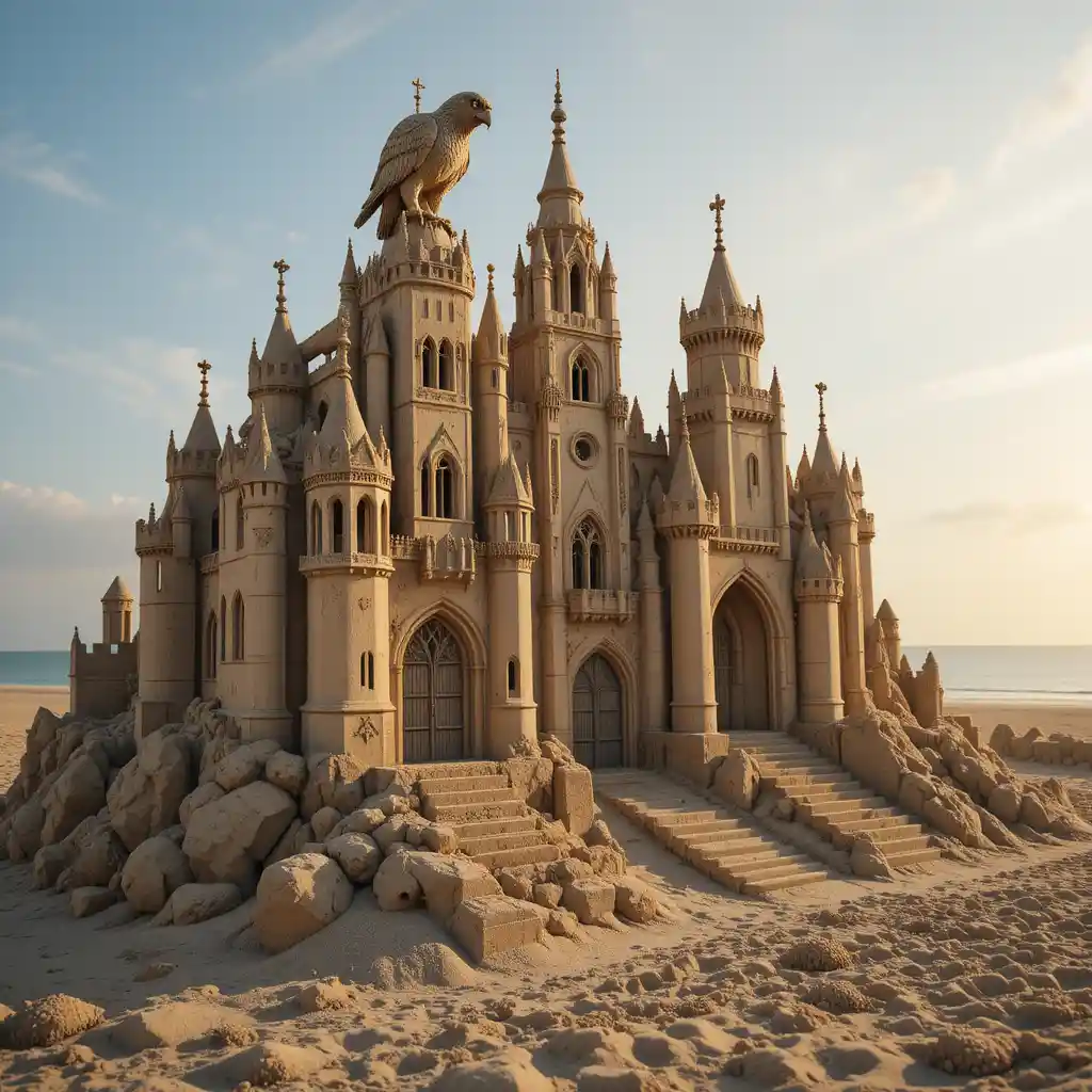 Gothic sand castle sculpture at sunset on a quiet beach