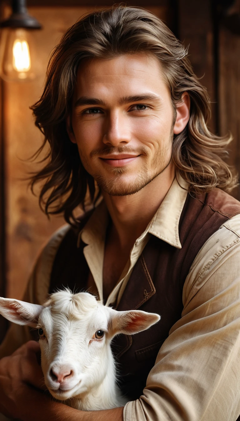 Retrato em close-up de um cowboy charmoso com uma cabra