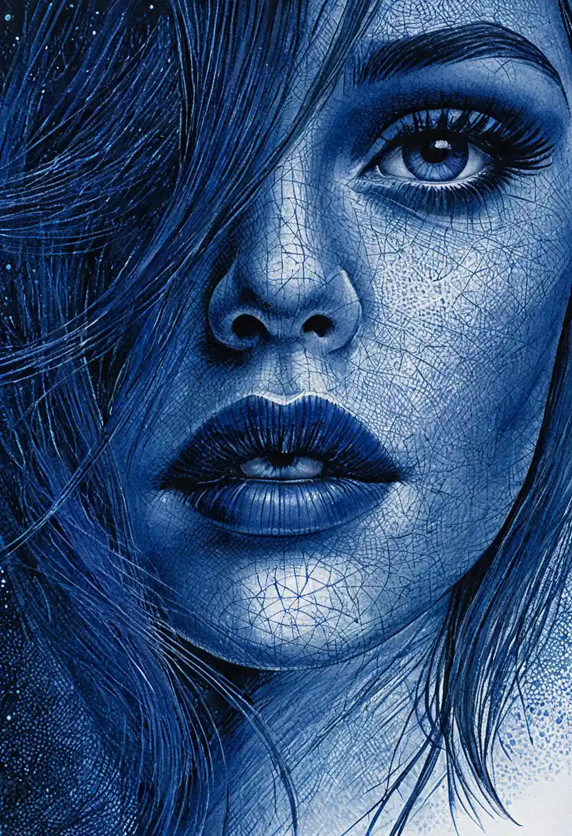 Primo piano a matite colorate di una donna con un sorprendente occhio azzurro