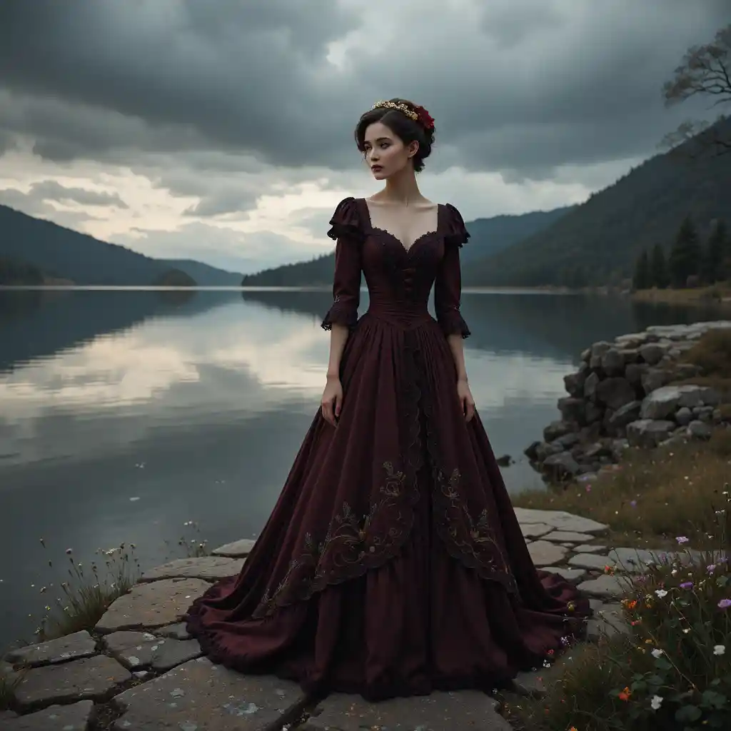 Femme victorienne au bord d’un lac rocheux sous un ciel dramatique