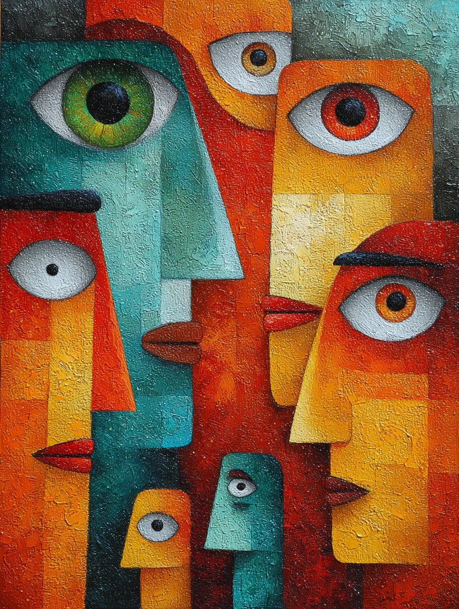 Cubist group portrait of fragmented faces and small figures
