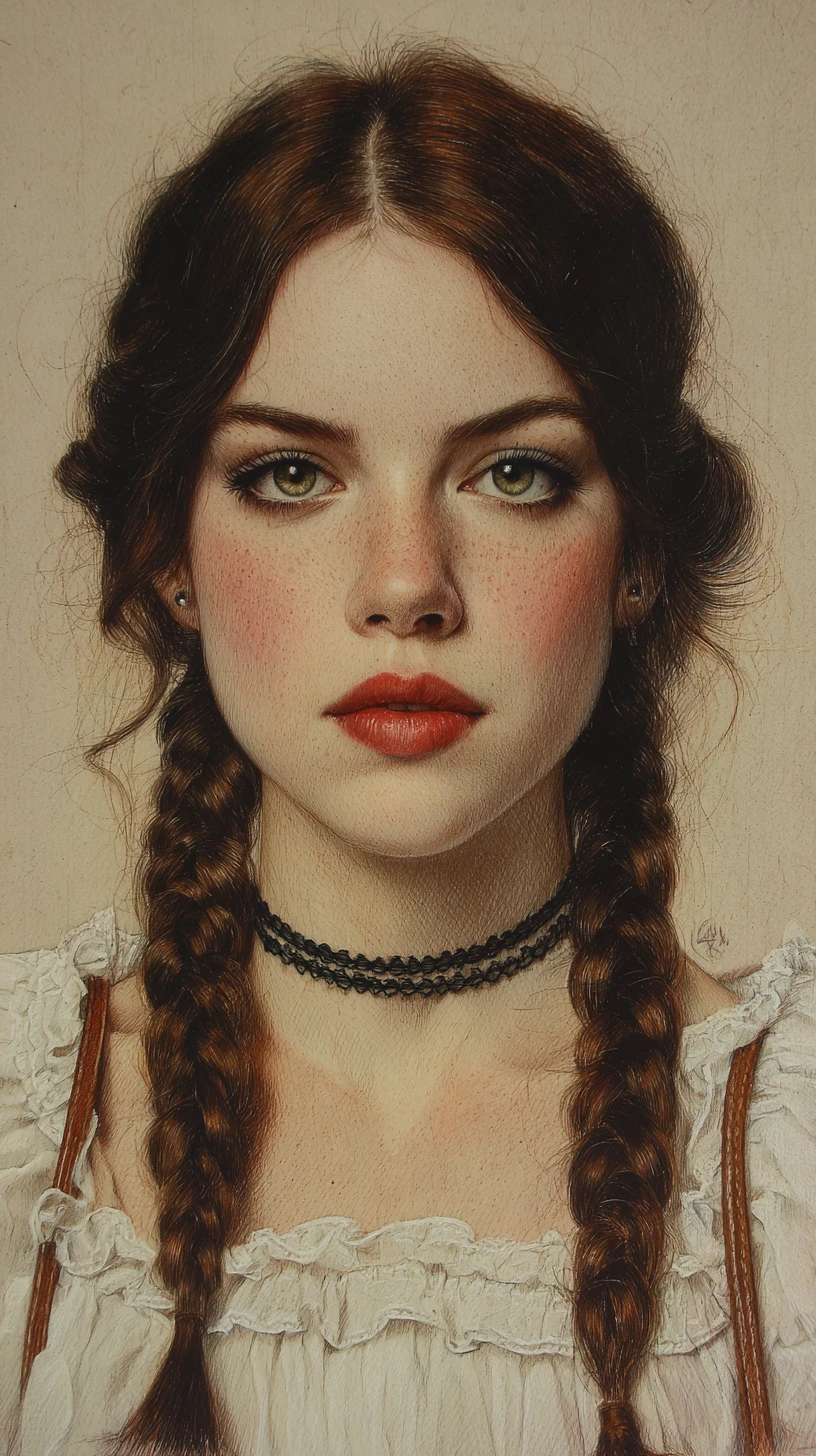 Colored pencil portrait of a girl with braids and red lips
