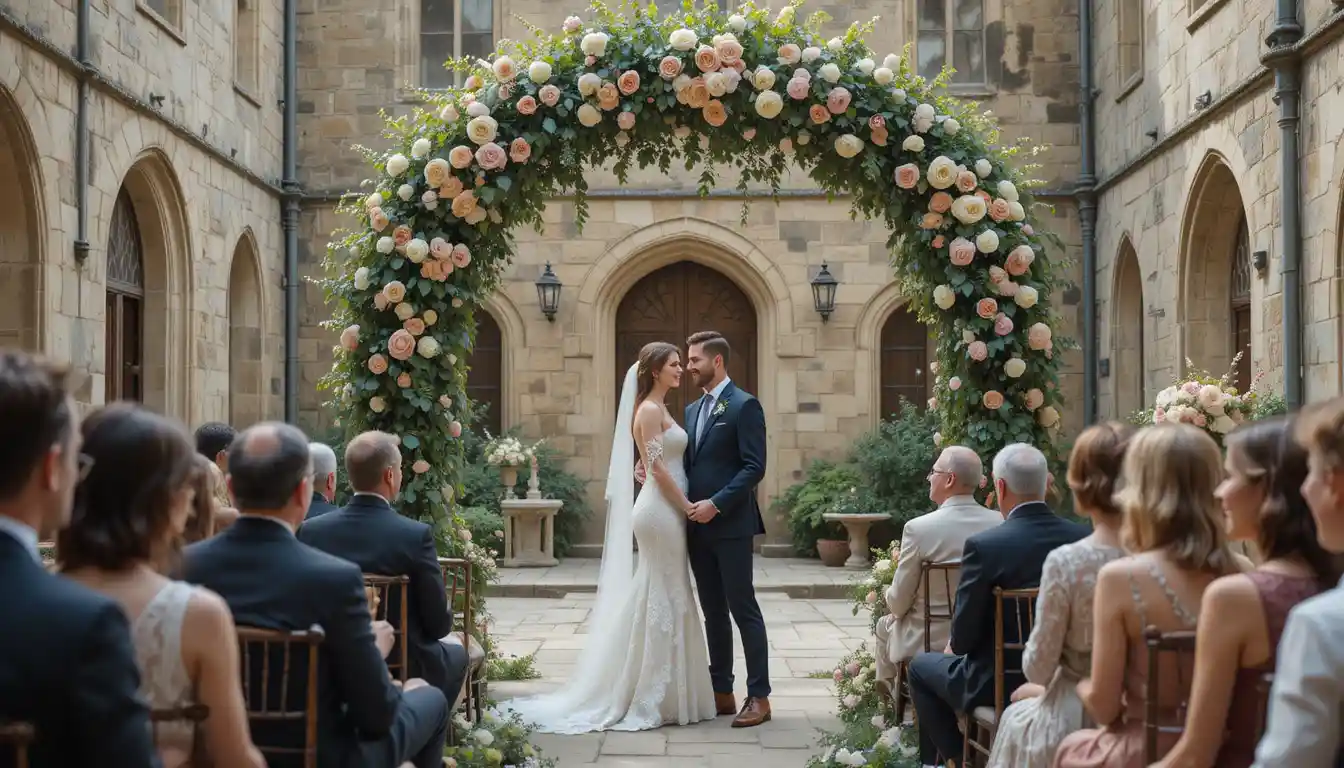Sposa e sposo sotto un arco floreale nel cortile del castello