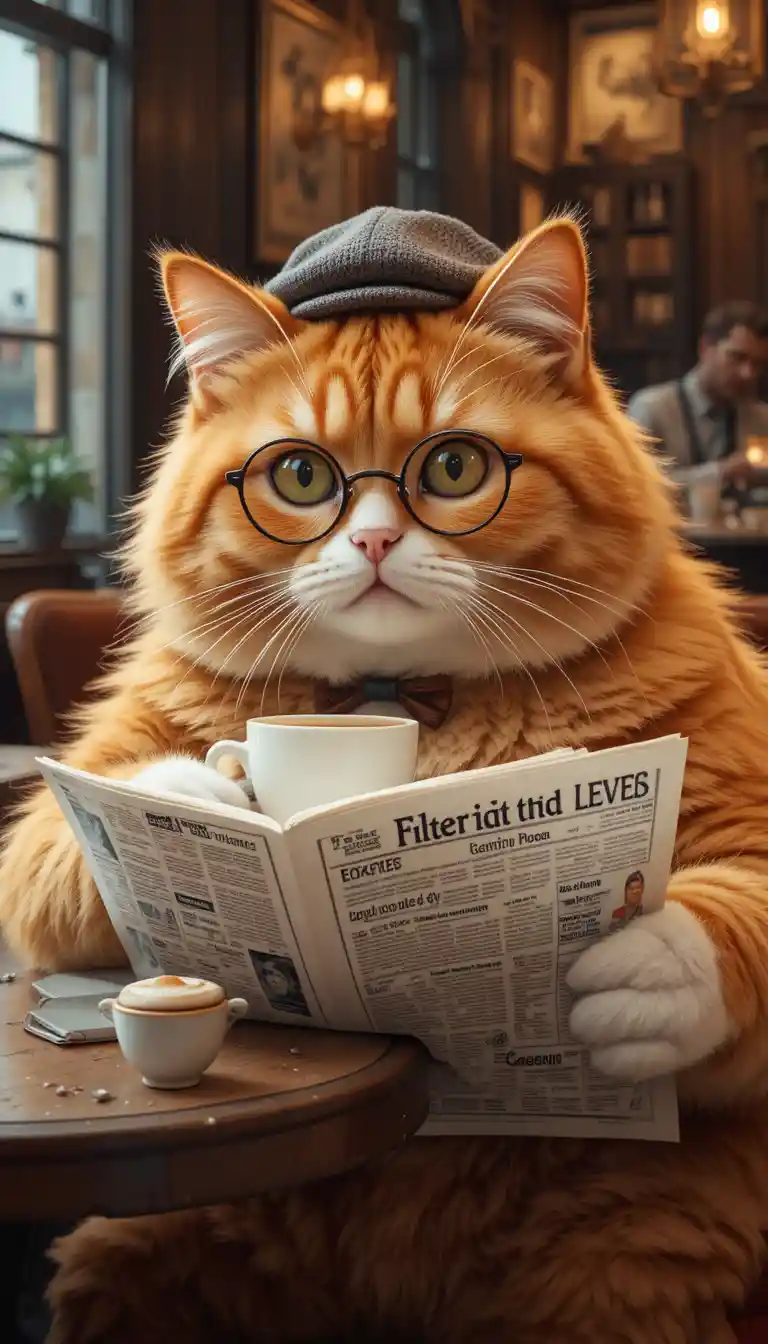 Orange cat gentleman sipping coffee at a cozy cafe