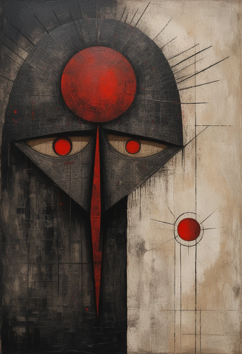 Surreal totemic mask face with red orb and blade