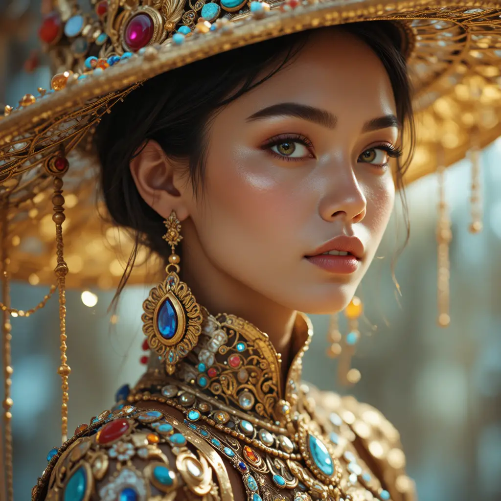 Young jeweled woman in ornate hat and metallic costume