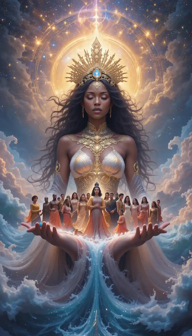 Afrofuturistic goddess cradling diverse people in her hands