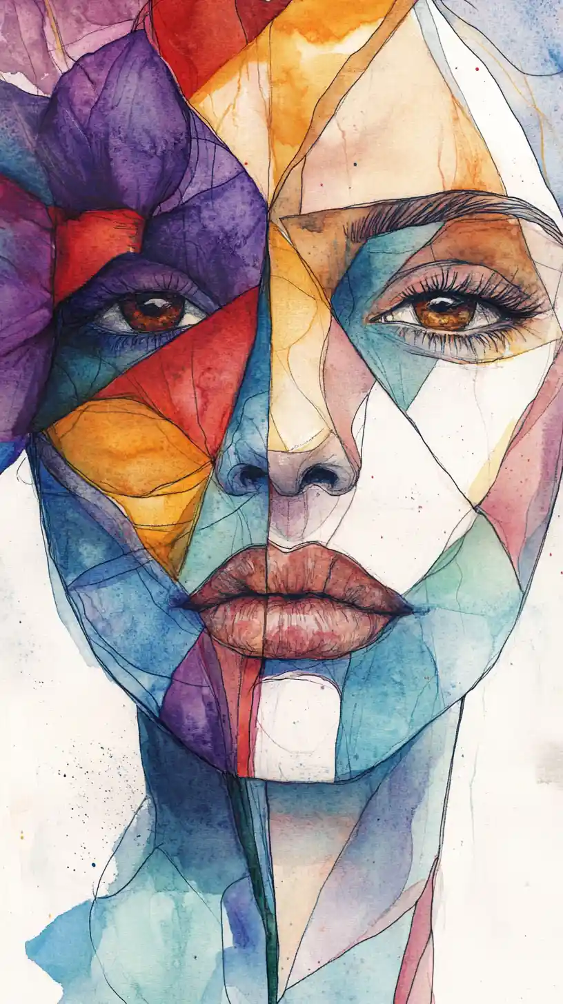 Mixed media portrait of a serene woman with floral cubist overlay