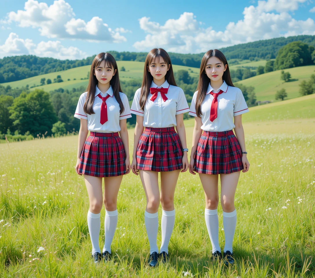 Three schoolgirls standing together in a sunny grassy field