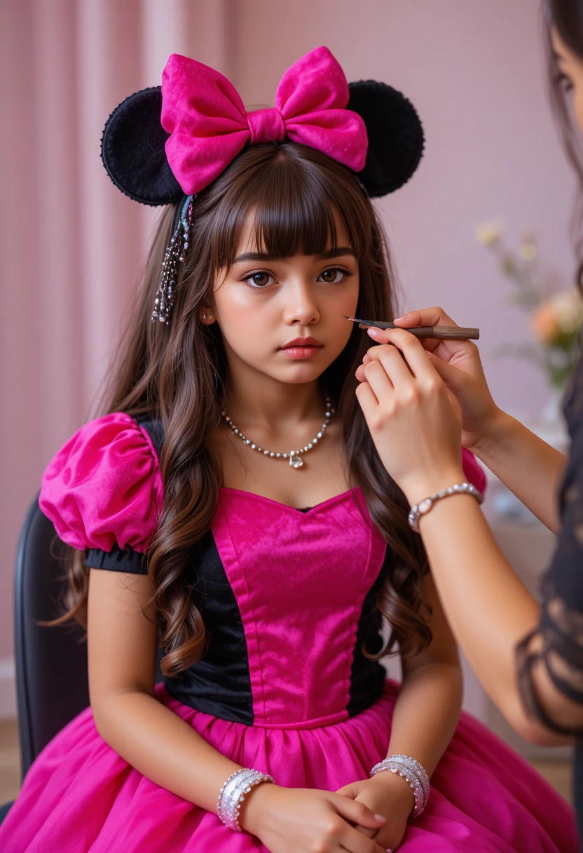 Young boy in pink dress getting makeup applied nervously
