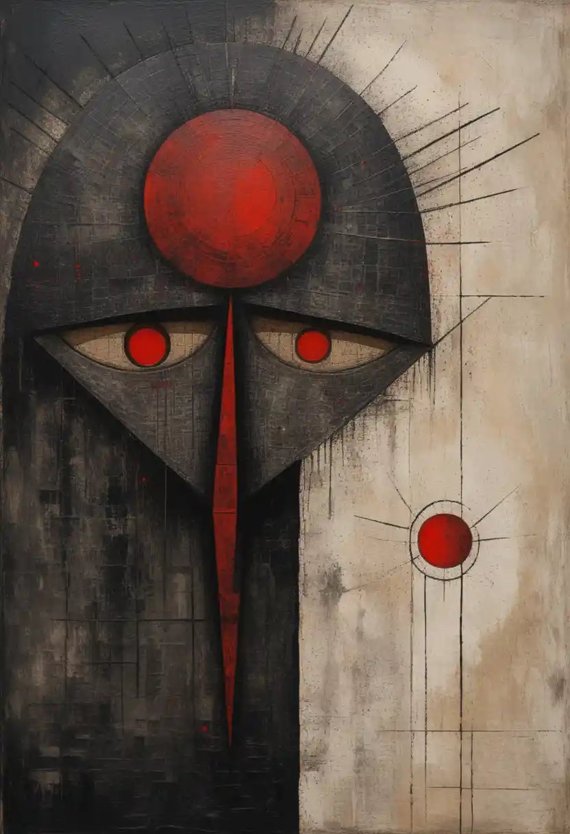 Surreal totemic mask face with red orb and blade