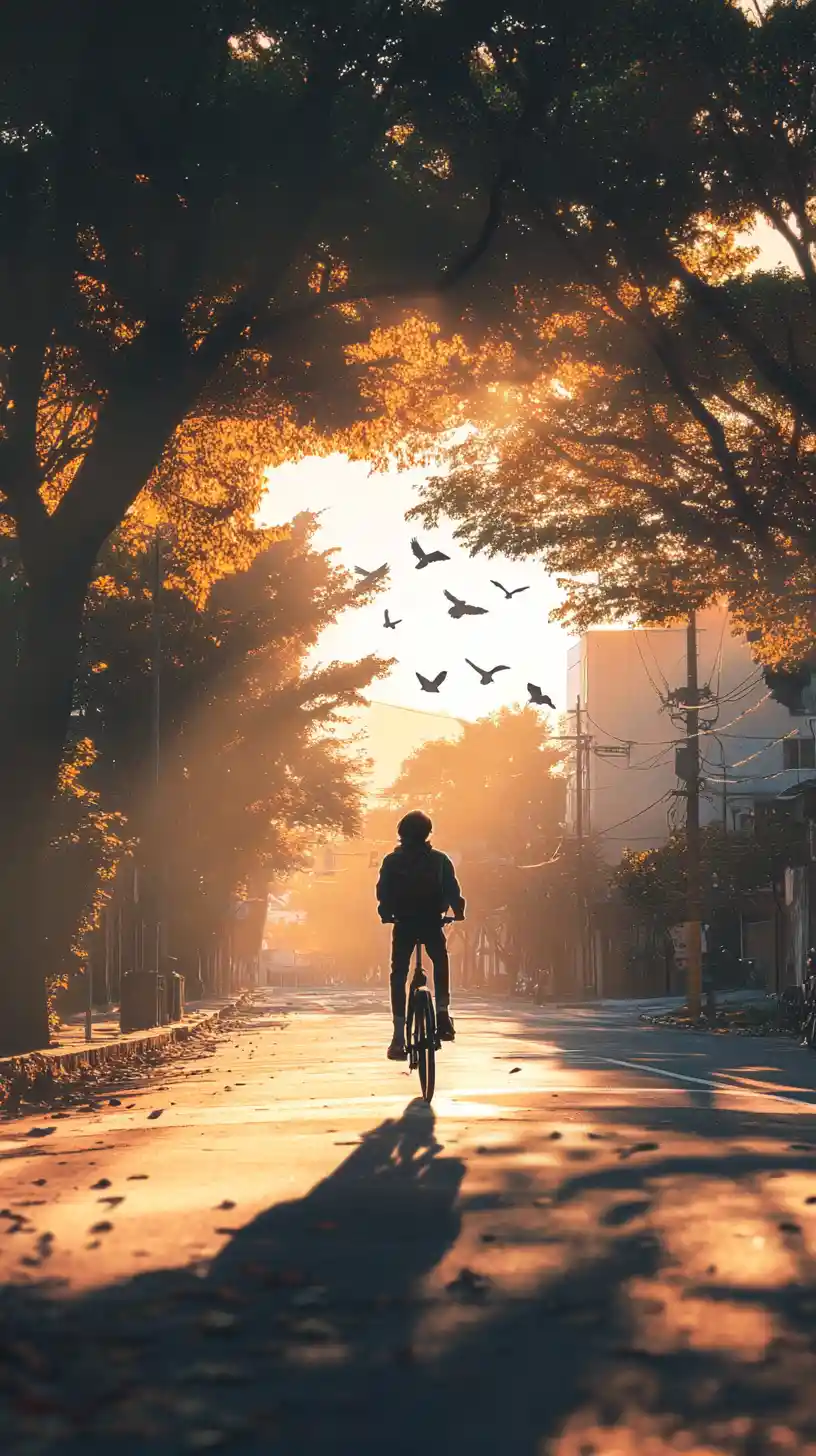 Teenager Cycling Alone On Quiet Early Morning City Street