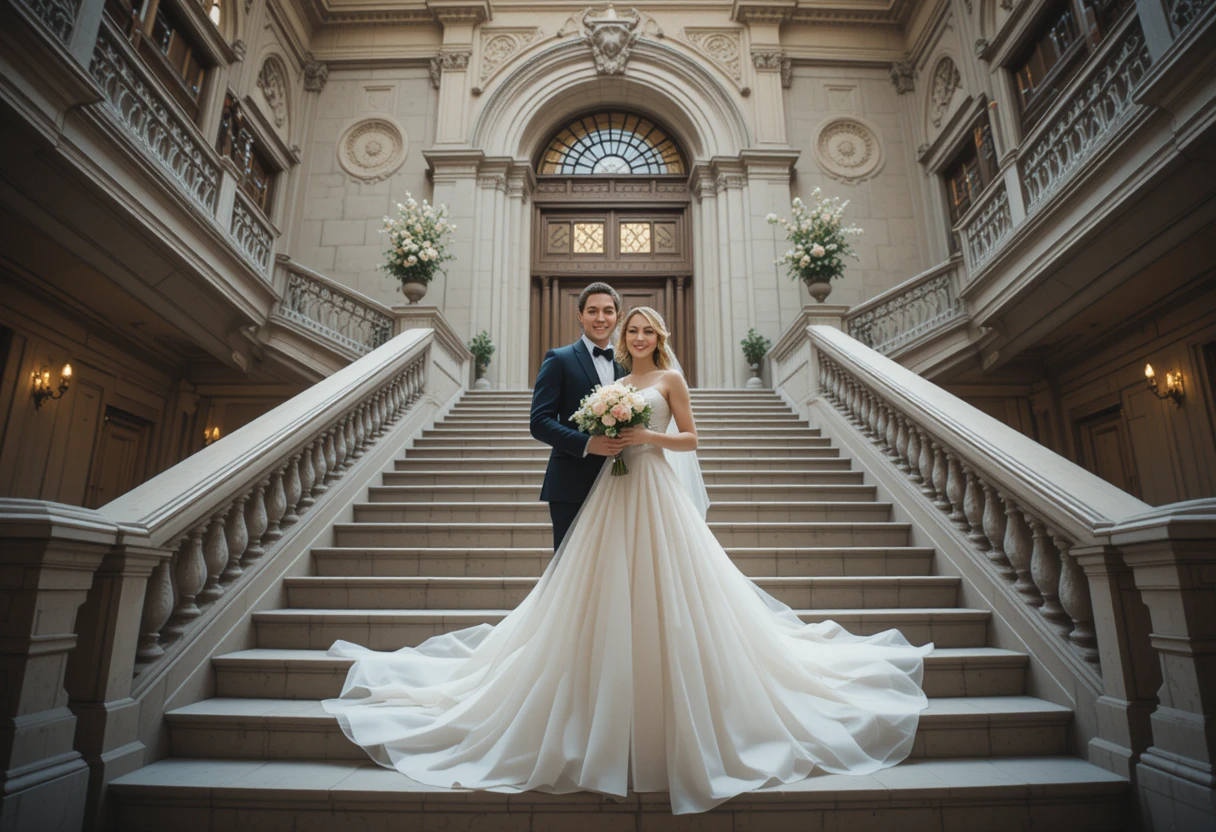 Bride and groom on grand staircase in elegant historic interior