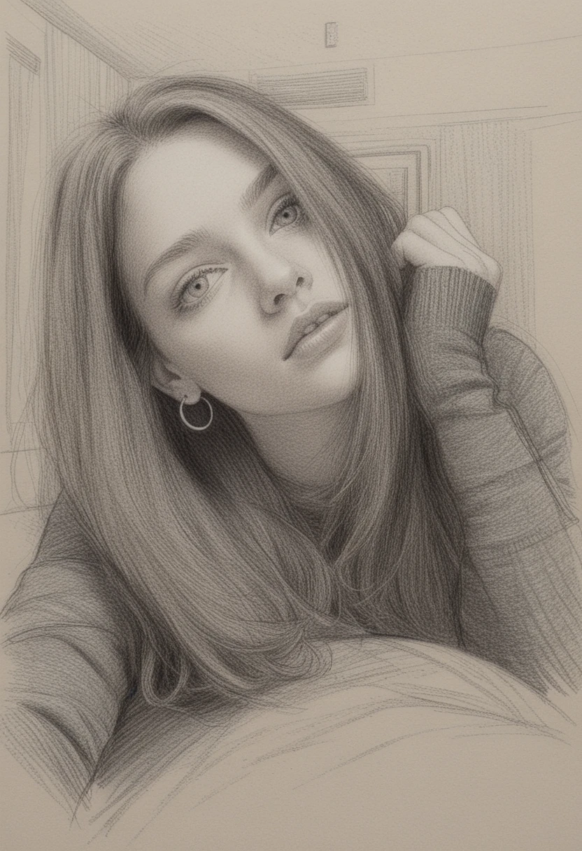 Charcoal portrait of a young woman lying in a bedroom