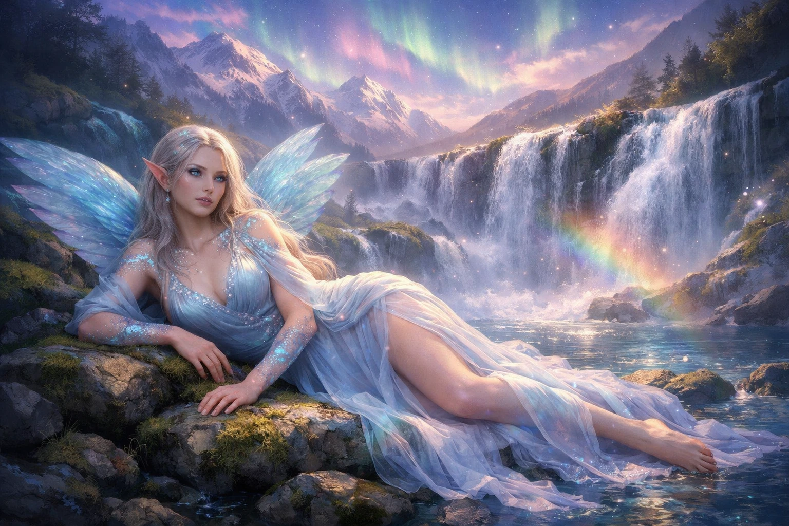 Celestial nymph resting by a tranquil mountain waterfall