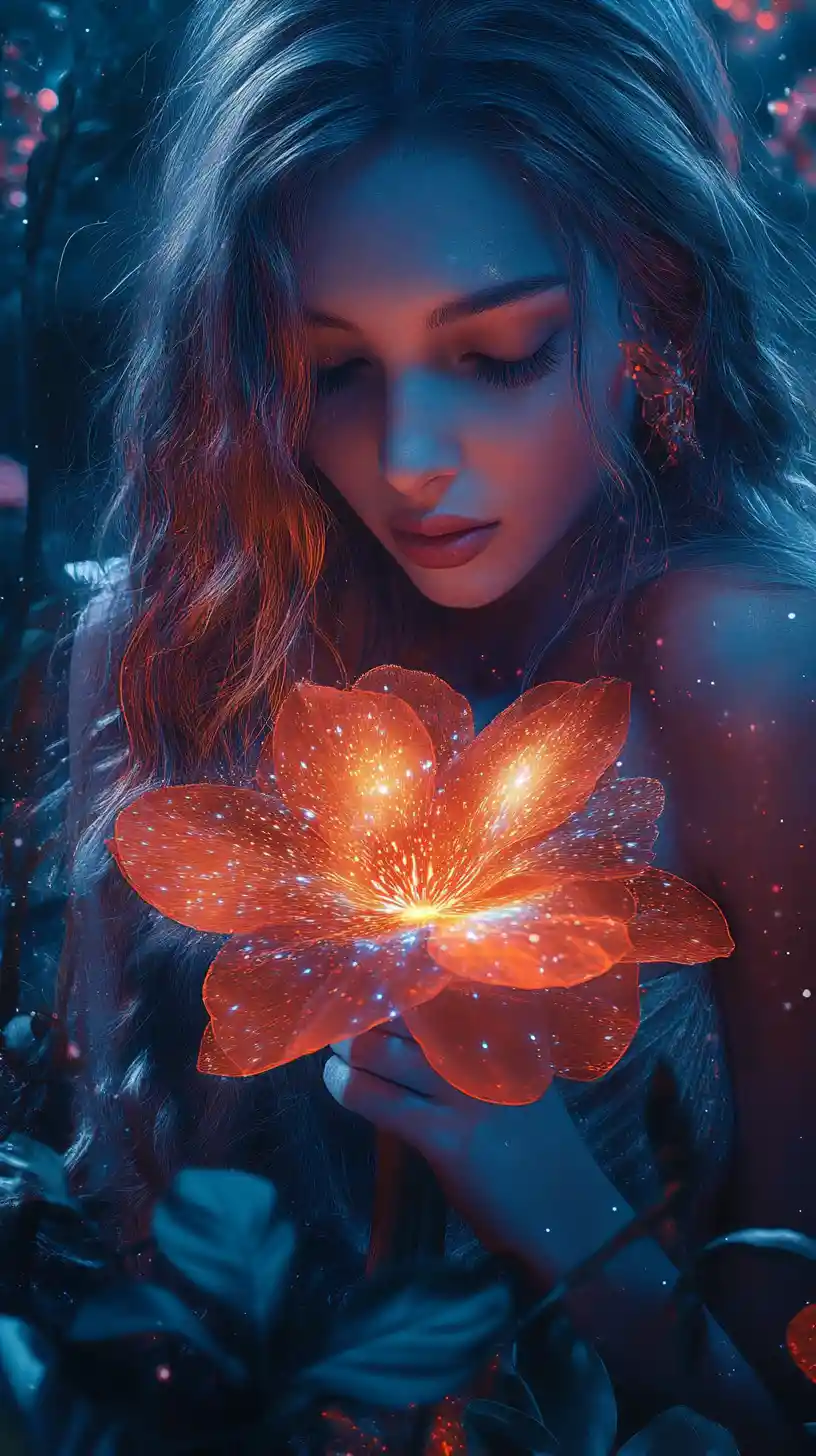 Ethereal girl with glowing flower in enchanted garden