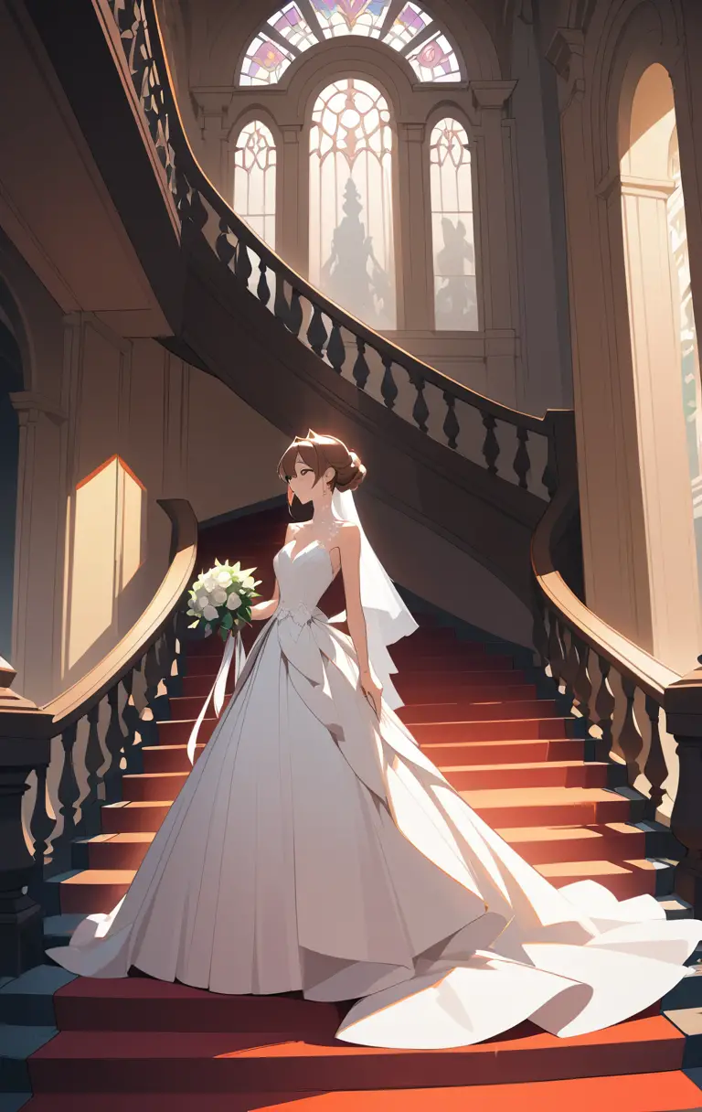 Bride and groom on a grand historic staircase
