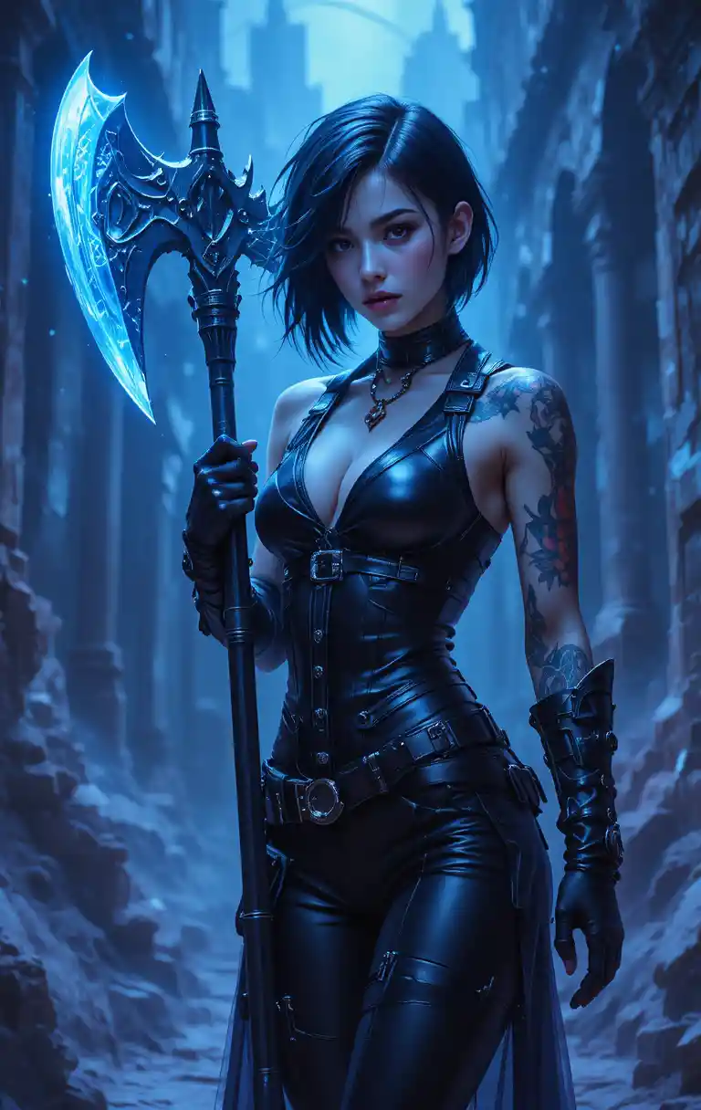 Tattooed warrior woman with glowing axe in neon cyberpunk scene