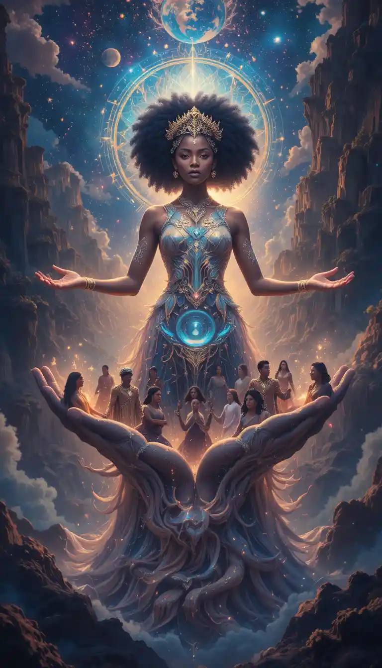 Afrofuturistic goddess cradling diverse people in her hands