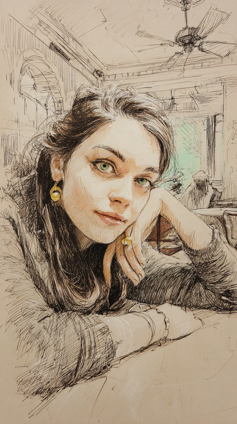 Charcoal portrait of a young woman lying in a bedroom