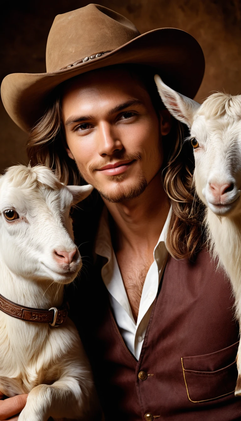 Close up portrait of a cowboy with a young goat at night