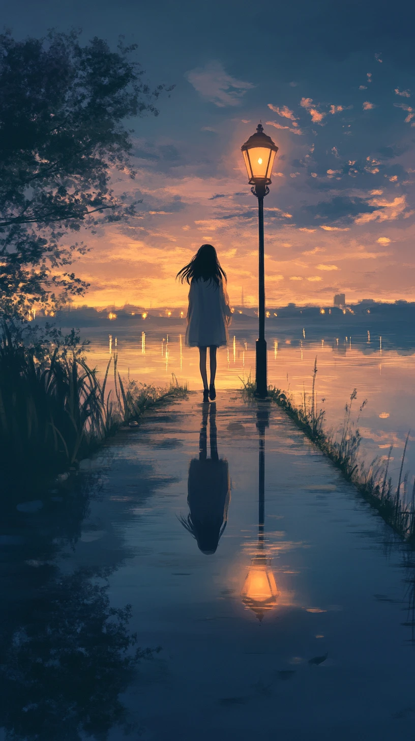 Chica solitaria caminando junto a un lago tranquilo al atardecer