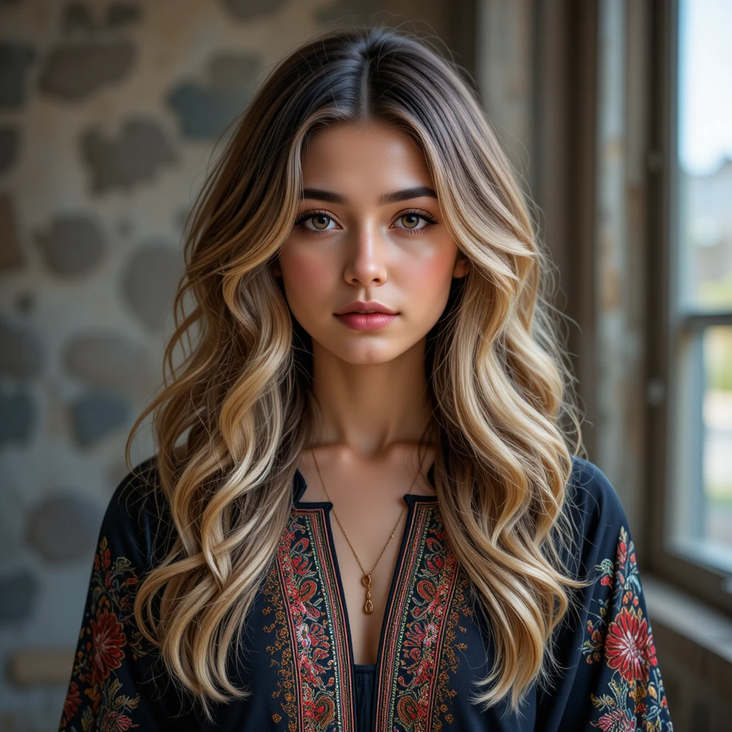 Mujer de Oriente Medio con cabello ondulado con mechas y vestido tradicional