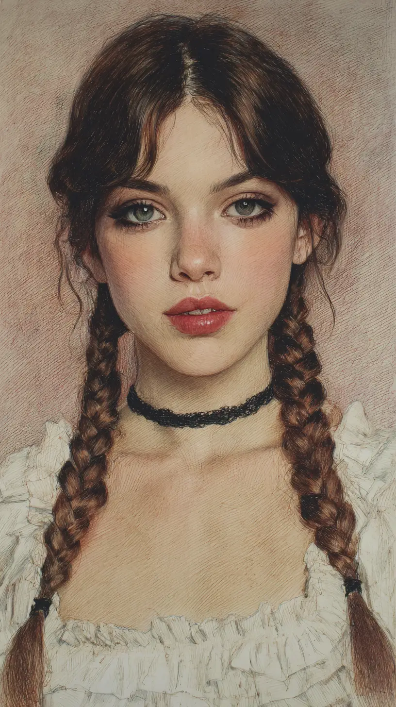 Colored pencil portrait of a young woman with braids