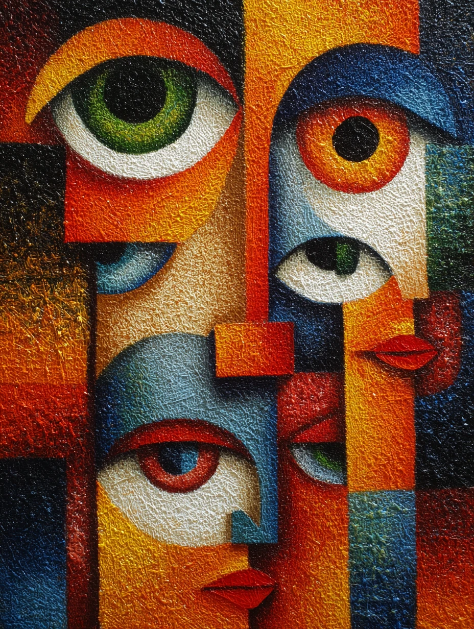 Cubist surreal group portrait with fragmented geometric faces
