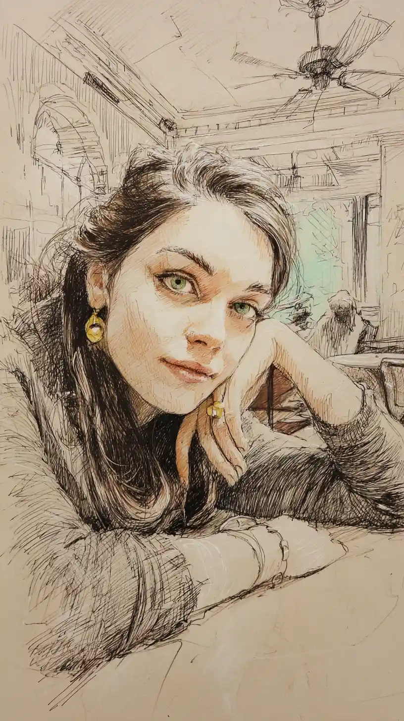 Charcoal portrait of a young woman lying in a bedroom