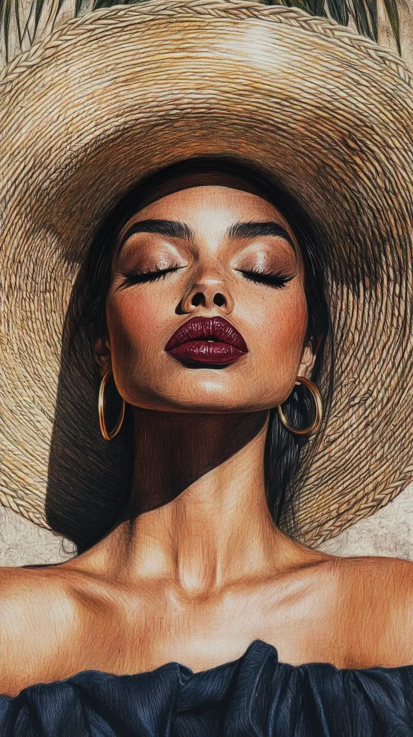 Elegant woman in straw hat portrait drawing with shadows