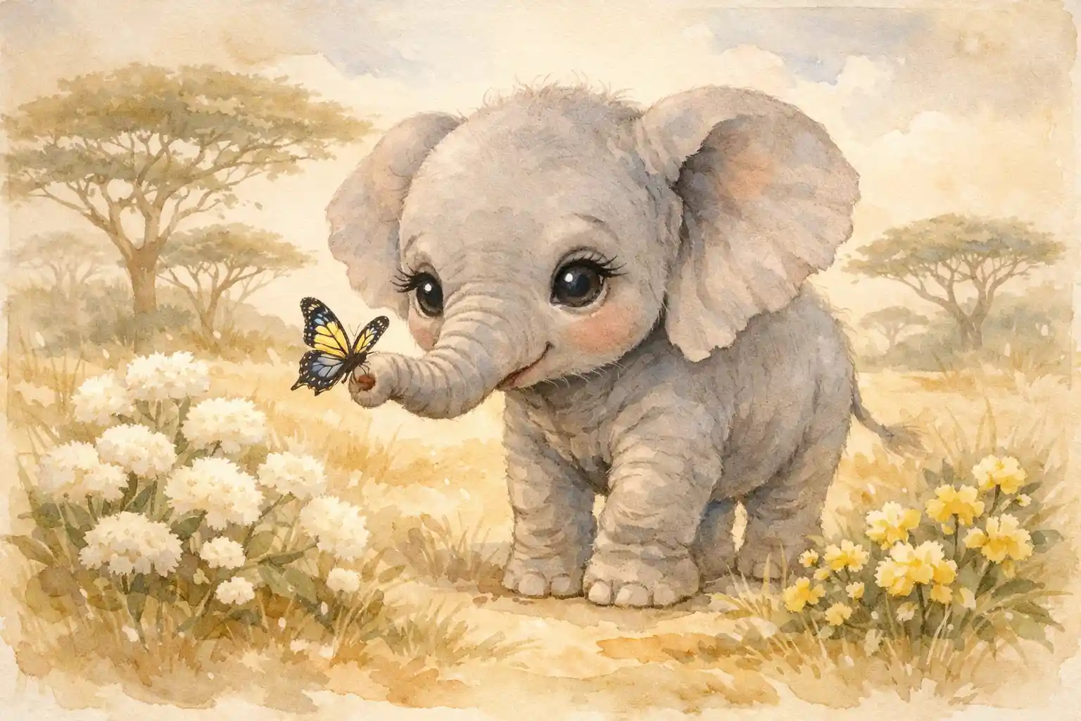 Baby elephant touching butterfly in soft watercolor savanna