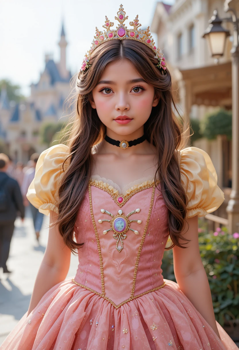Pre-Teen-Junge im Prinzessinnenkleid in einem sonnigen Freizeitpark