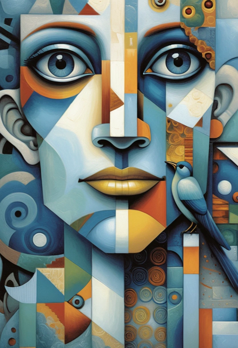Ritratto surreale cubista di un volto androgino frammentato