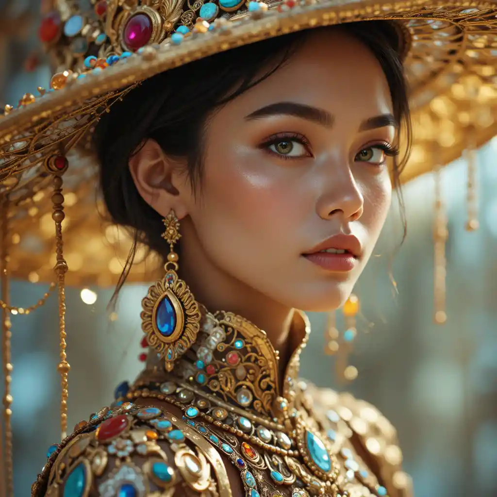 Young jeweled woman in ornate hat and metallic costume