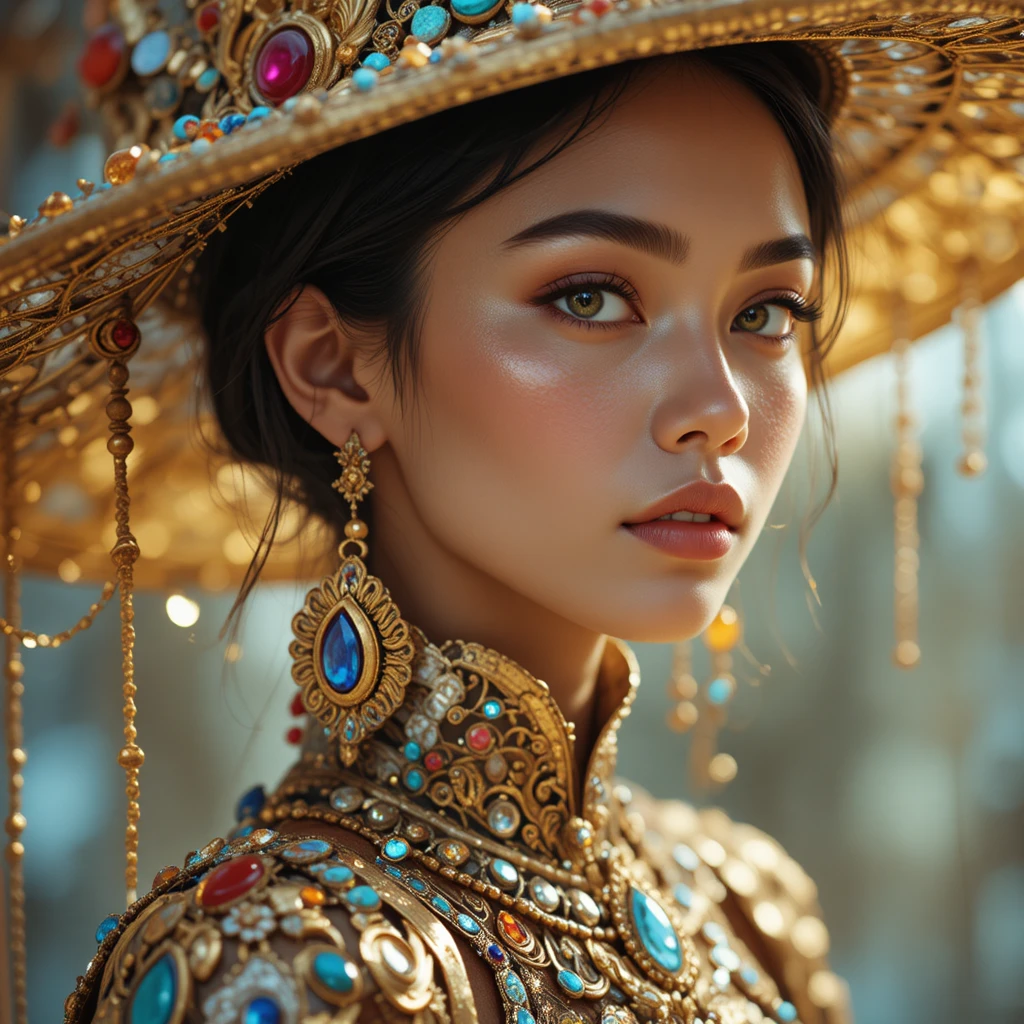 Young jeweled woman in ornate hat and metallic costume
