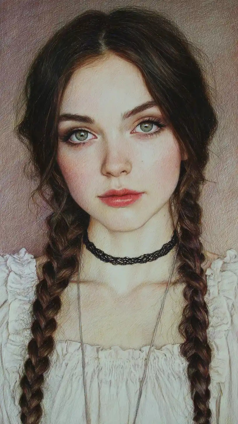 Colored pencil portrait of a young woman with braids