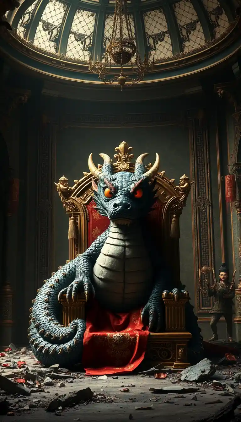Ancient jewel scaled dragon on a ruined golden throne