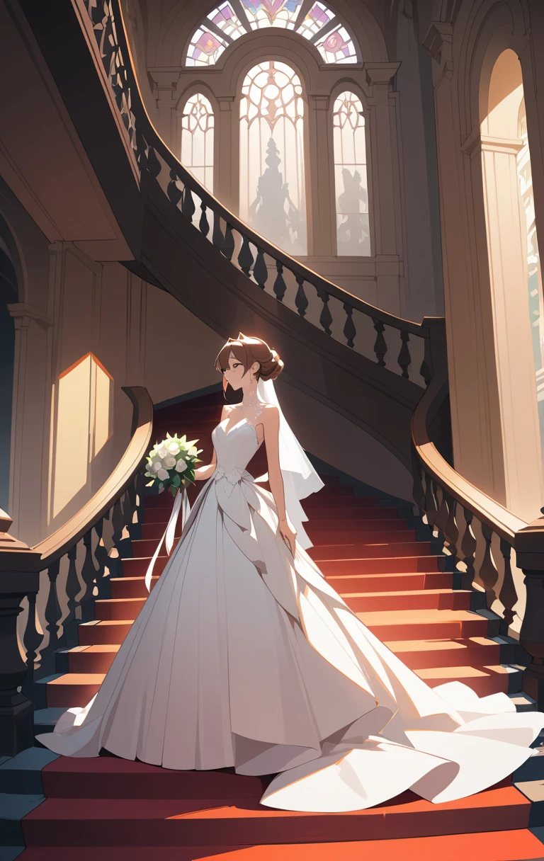 Novia y novio en una gran escalinata histórica