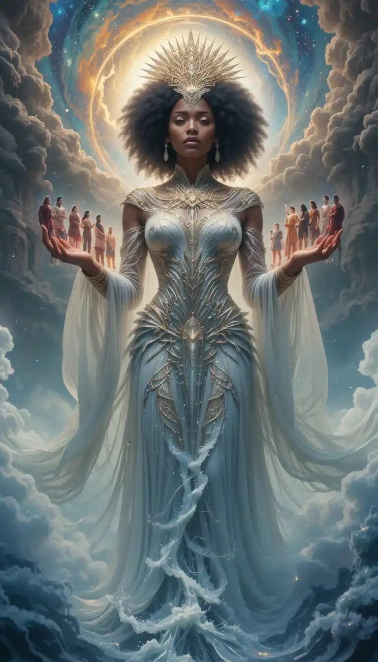 Dea afrofuturista che tiene in mano persone diverse