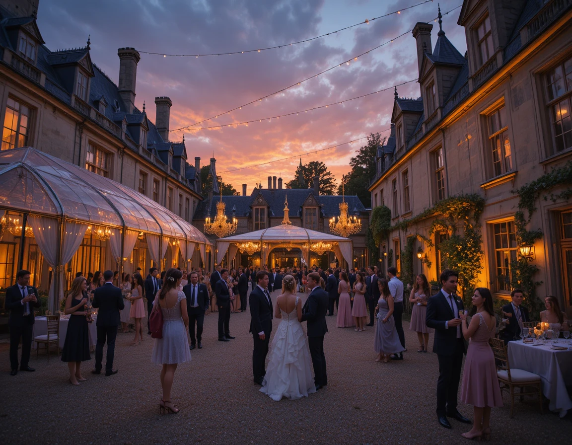 Recepción de boda romántica en el patio de un castillo francés al atardecer