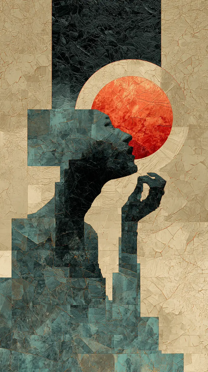 Abstract geometric face on split dark and beige background