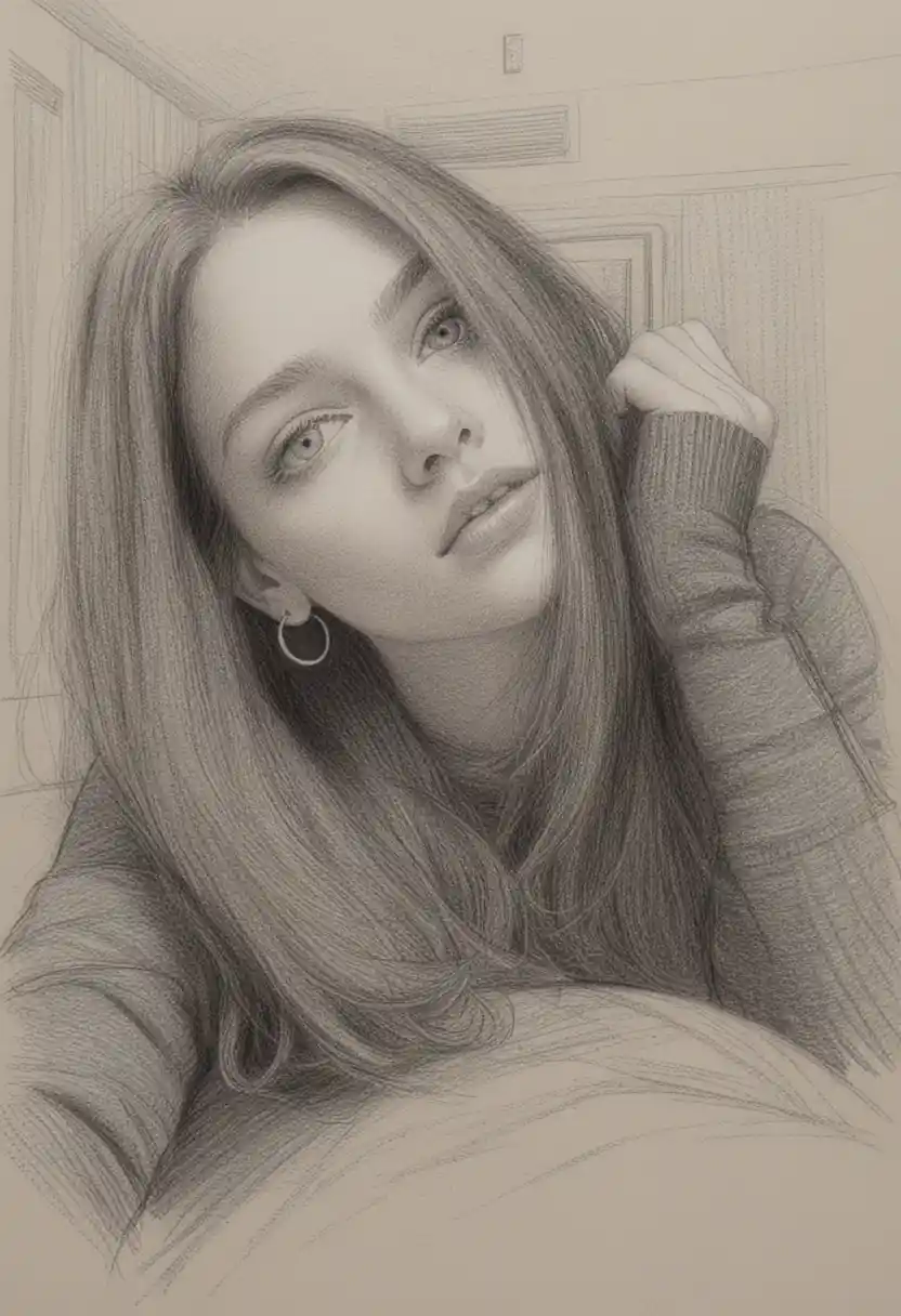 Charcoal portrait of a young woman lying in a bedroom