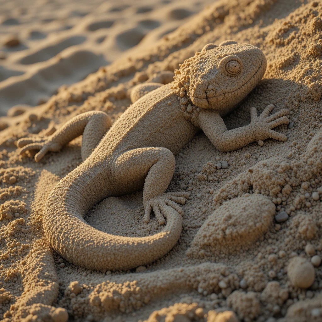 Sculpture de sable détaillée d’un lézard sur une plage dorée