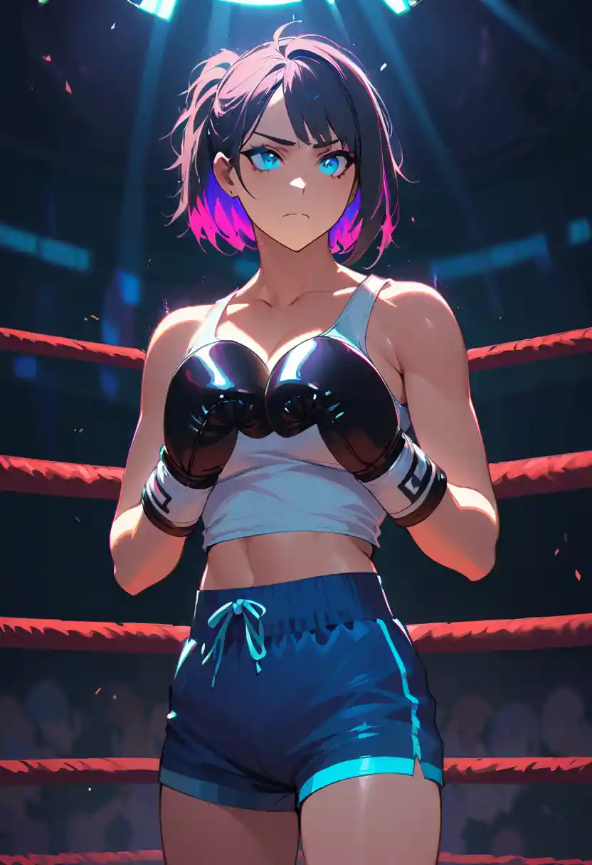 Confident female boxer standing focused in a dramatic ring