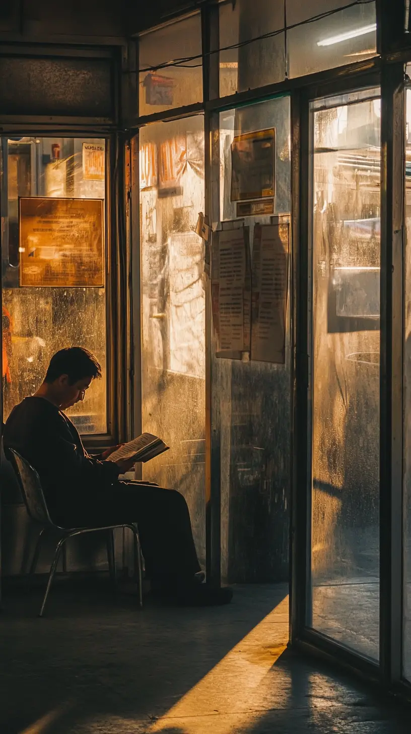 Quiet laundromat scene with a lone reader in sunlight