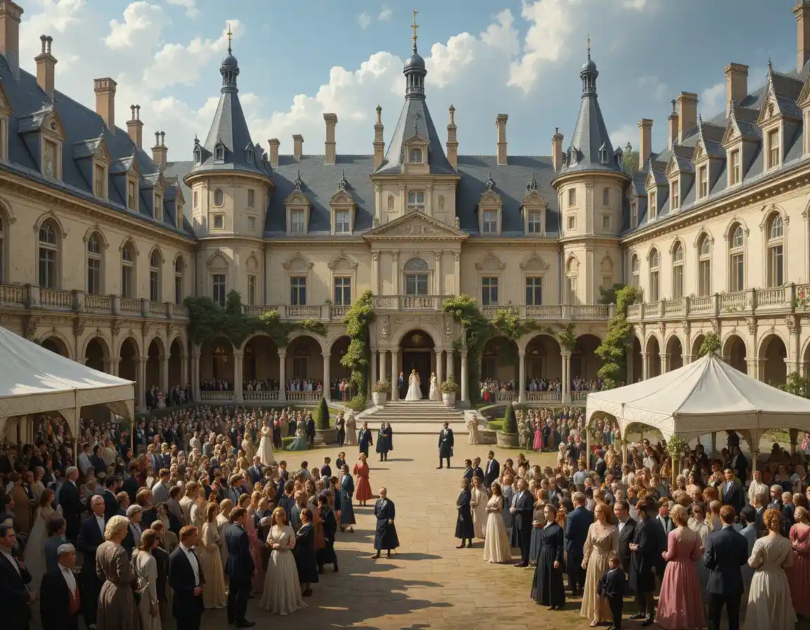Romantic wedding crowd in a grand French castle courtyard